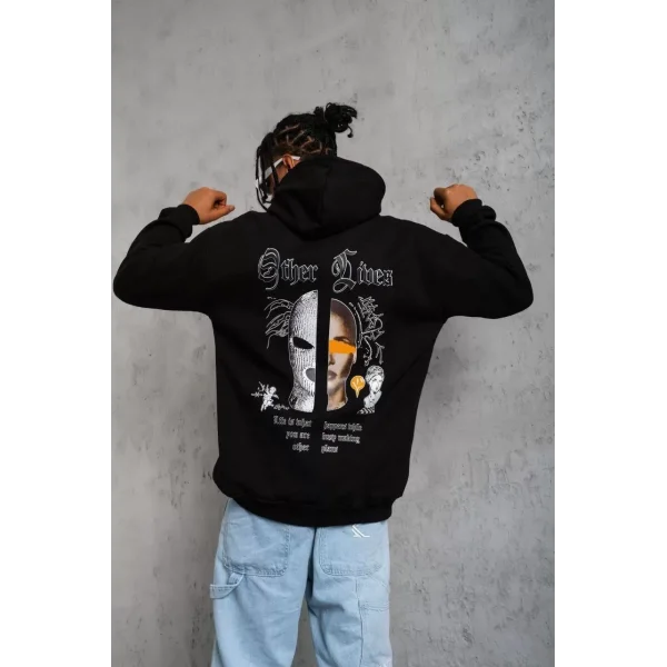 Erkek Kapşonlu Sweatshirt – Oversize Üç İplik Şardonlu Hoodie, “Other Lives” Ön & Arka Baskılı, Kanguru Cepli, Kışlık Rahat Günlük Stil - Siyah