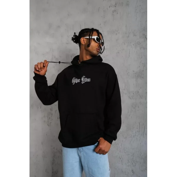 Erkek Kapşonlu Sweatshirt – Oversize Üç İplik Şardonlu Hoodie, “Other Lives” Ön & Arka Baskılı, Kanguru Cepli, Kışlık Rahat Günlük Stil - Siyah