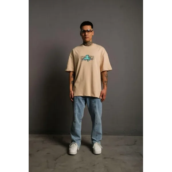 Erkek Sırt Baskılı T-shirt - Bej