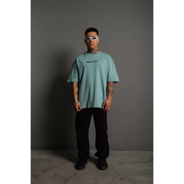 Erkek Oversize Baskılı Tişört – Golf GTI Retro Araba Desenli, Ön & Arka Dijital Baskı, Sokak Modası Stil - Mint Yeşili