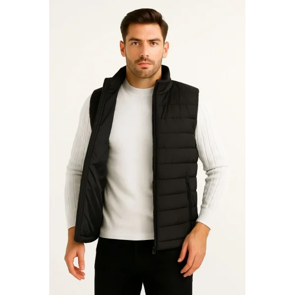 Erkek Şişme Fermuarlı Yelek Su itici Kapitone Astarlı Kumaş Cepli Hafif Kışlık Spor Rahat Kalıp - Siyah