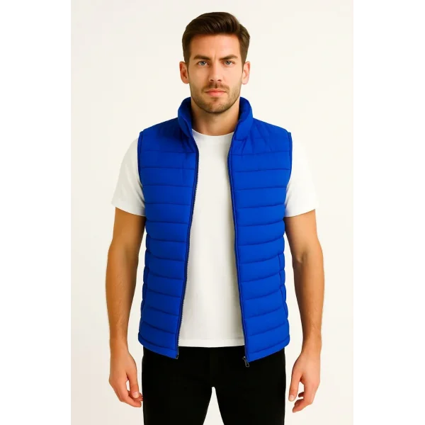 Erkek Şişme Fermuarlı Yelek Su itici Kapitone Astarlı Kumaş Cepli Hafif Kışlık Spor Rahat Kalıp - Saks Mavisi