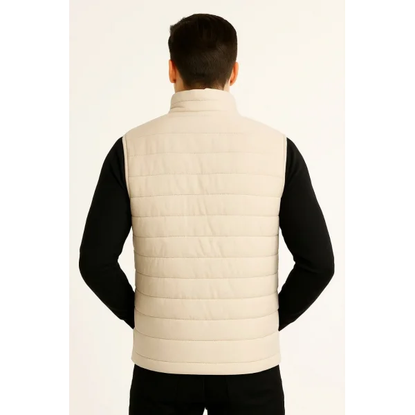 Erkek Şişme Fermuarlı Yelek Su itici Kapitone Astarlı Kumaş Cepli Hafif Kışlık Spor Rahat Kalıp -Bej