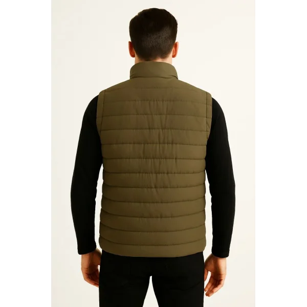 Erkek Şişme Fermuarlı Yelek Su itici Kapitone Astarlı Kumaş Cepli Hafif Kışlık Spor Rahat Kalıp - Haki