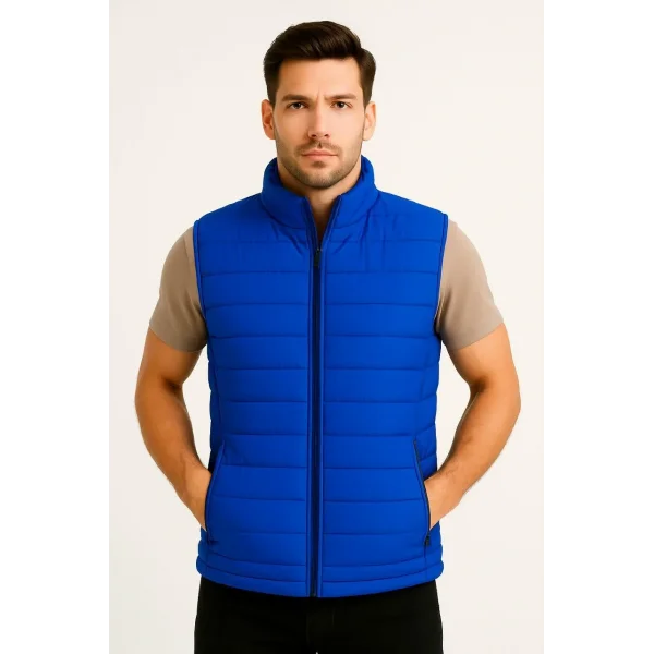 Erkek Şişme Fermuarlı Yelek Su itici Kapitone Astarlı Kumaş Cepli Hafif Kışlık Spor Rahat Kalıp - Saks Mavisi