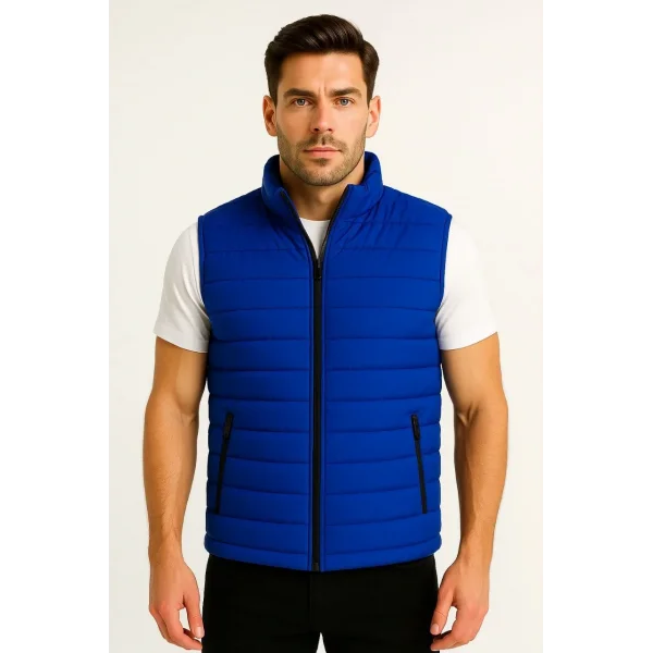 Erkek Şişme Fermuarlı Yelek Su itici Kapitone Astarlı Kumaş Cepli Hafif Kışlık Spor Rahat Kalıp - Saks Mavisi