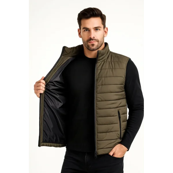 Erkek Şişme Fermuarlı Yelek Su itici Kapitone Astarlı Kumaş Cepli Hafif Kışlık Spor Rahat Kalıp - Haki