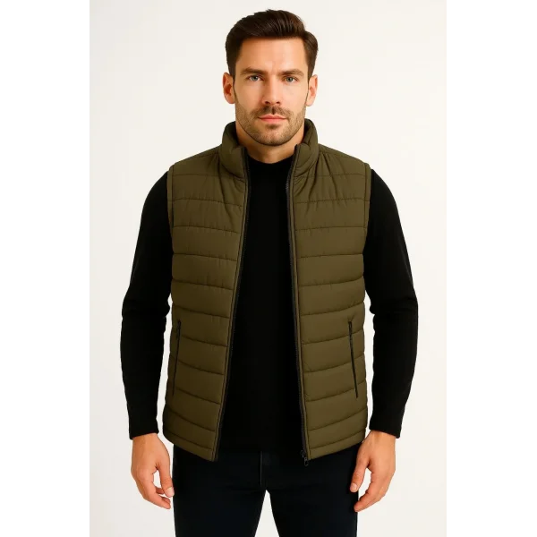 Erkek Şişme Fermuarlı Yelek Su itici Kapitone Astarlı Kumaş Cepli Hafif Kışlık Spor Rahat Kalıp - Haki