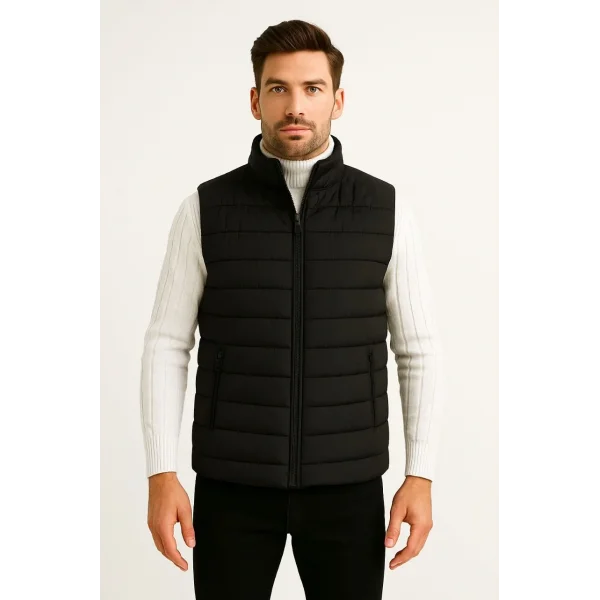 Erkek Şişme Fermuarlı Yelek Su itici Kapitone Astarlı Kumaş Cepli Hafif Kışlık Spor Rahat Kalıp - Siyah