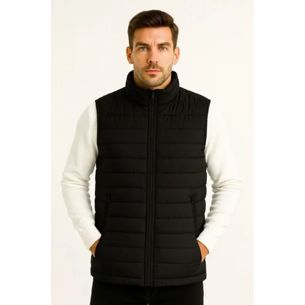 Erkek Şişme Fermuarlı Yelek Su itici Kapitone Astarlı Kumaş Cepli Hafif Kışlık Spor Rahat Kalıp - Siyah