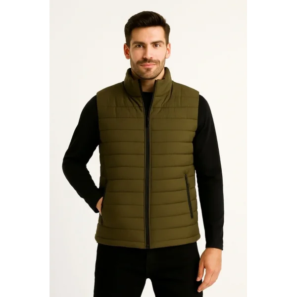 Erkek Şişme Fermuarlı Yelek Su itici Kapitone Astarlı Kumaş Cepli Hafif Kışlık Spor Rahat Kalıp - Haki