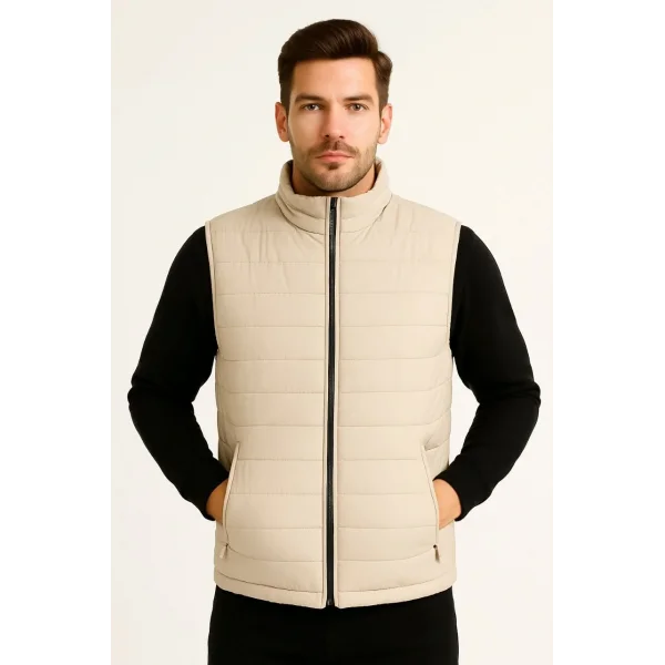 Erkek Şişme Fermuarlı Yelek Su itici Kapitone Astarlı Kumaş Cepli Hafif Kışlık Spor Rahat Kalıp -Bej
