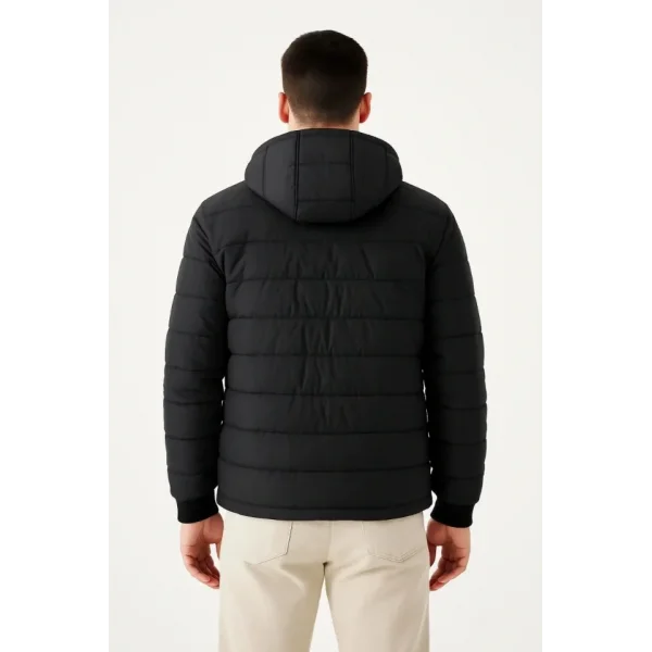 Erkek Şişme Kapüşonlu Fermuarlı Mont Su Itici Kapitone Astarlı Kumaş Cepli Kışlık Rahat Kalıp - Siyah