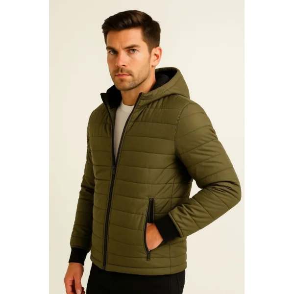 Erkek Şişme Kapüşonlu Fermuarlı Mont Su Itici Kapitone Astarlı Kumaş Cepli Kışlık Rahat Kalıp - Haki