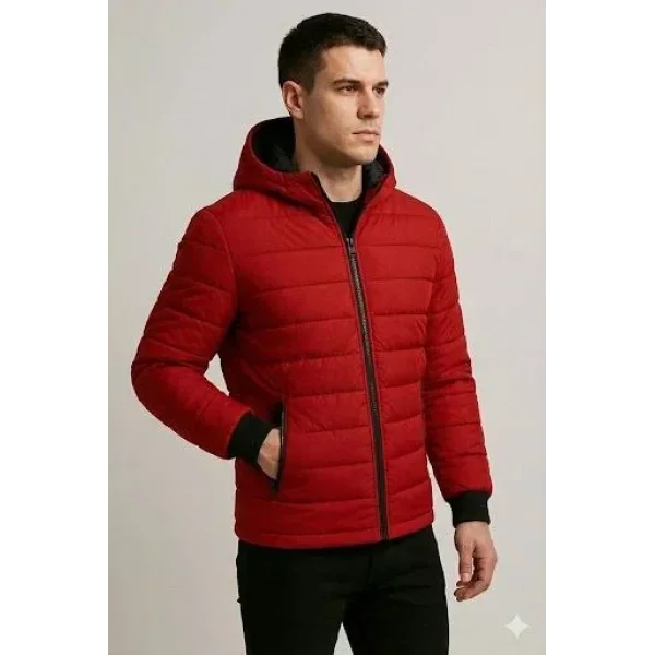 Erkek Şişme Kapüşonlu Fermuarlı Mont Su Itici Kapitone Astarlı Kumaş Cepli Kışlık Rahat Kalıp - Kırmızı
