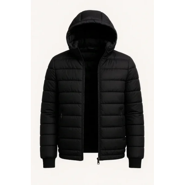 Erkek Şişme Kapüşonlu Fermuarlı Mont Su Itici Kapitone Astarlı Kumaş Cepli Kışlık Rahat Kalıp - Siyah