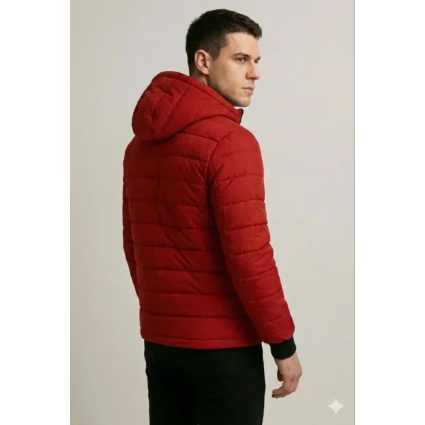 Erkek Şişme Kapüşonlu Fermuarlı Mont Su Itici Kapitone Astarlı Kumaş Cepli Kışlık Rahat Kalıp - Kırmızı