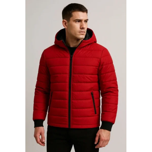 Erkek Şişme Kapüşonlu Fermuarlı Mont Su Itici Kapitone Astarlı Kumaş Cepli Kışlık Rahat Kalıp - Kırmızı
