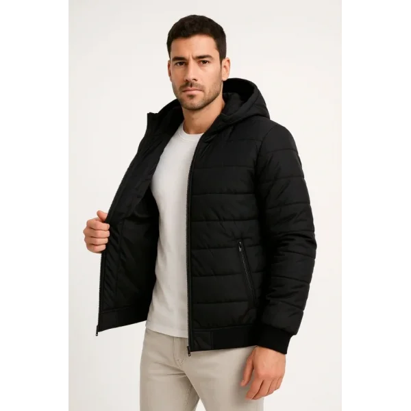 Erkek Şişme Kapüşonlu Fermuarlı Mont Su Itici Kapitone Astarlı Kumaş Cepli Kışlık Rahat Kalıp - Siyah