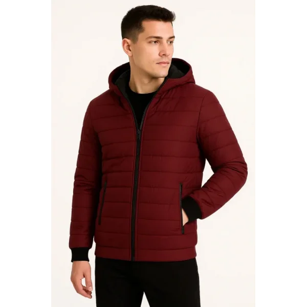 Erkek Şişme Kapüşonlu Fermuarlı Mont Su Itici Kapitone Astarlı Kumaş Cepli Kışlık Rahat Kalıp - Bordo