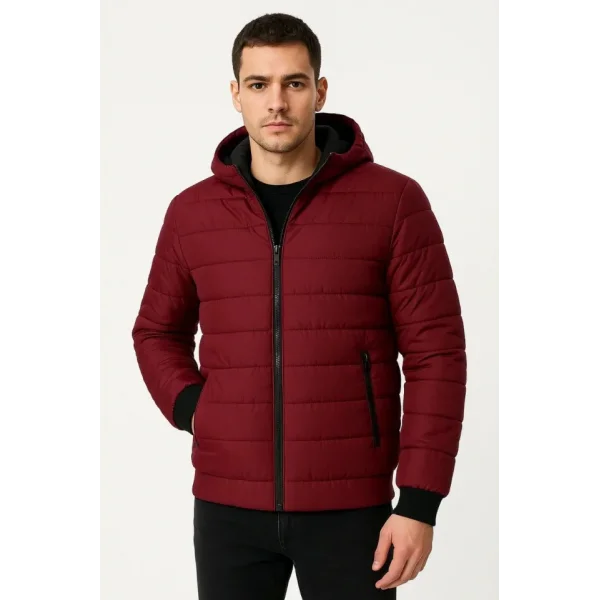 Erkek Şişme Kapüşonlu Fermuarlı Mont Su Itici Kapitone Astarlı Kumaş Cepli Kışlık Rahat Kalıp - Bordo