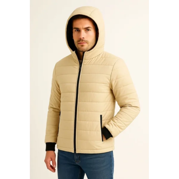 Erkek Şişme Kapüşonlu Fermuarlı Mont Su Itici Kapitone Astarlı Kumaş Cepli Kışlık Rahat Kalıp - Bej