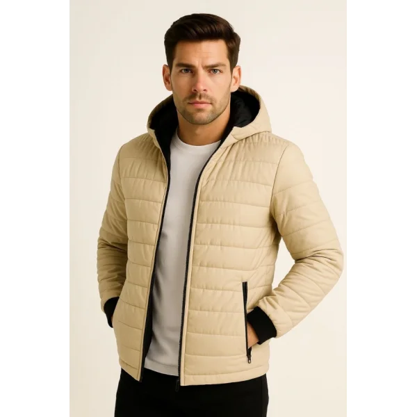 Erkek Şişme Kapüşonlu Fermuarlı Mont Su Itici Kapitone Astarlı Kumaş Cepli Kışlık Rahat Kalıp - Bej