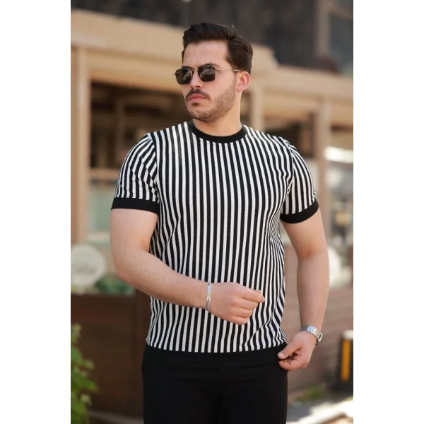 Erkek Siyah Beyaz örme Pamuklu Kumaş Kısa Kollu T-shirt