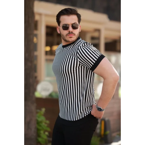 Erkek Siyah Beyaz örme Pamuklu Kumaş Kısa Kollu T-shirt