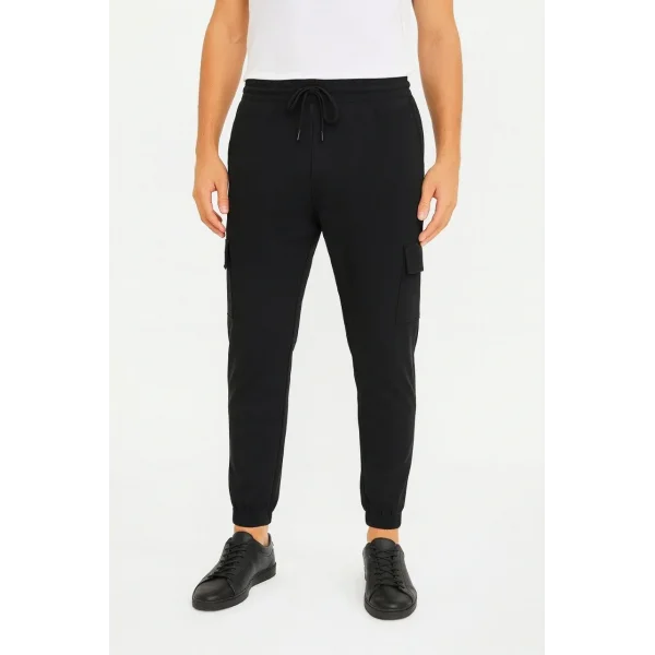 Erkek Siyah Jogger Eşofman Altı Rahat Kalıp, Kargo Cepli, Lastikli Paça, Günlük Spor Pantolon - Siyah