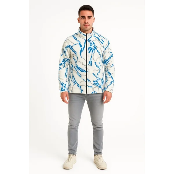Erkek Tam Fermuarlı Desenli Polar Sweat  Lightning Desen Yakalı, Uzun Kollu, Oversize Rahat Kalıp - Beyaz