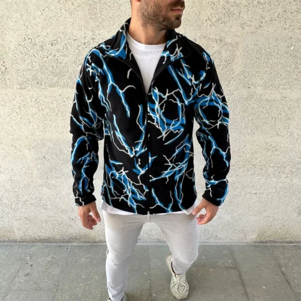 Erkek Tam Fermuarlı Desenli Polar Sweat Lightning Desen Yakalı, Uzun Kollu, Oversize Rahat Kalıp - Siyah