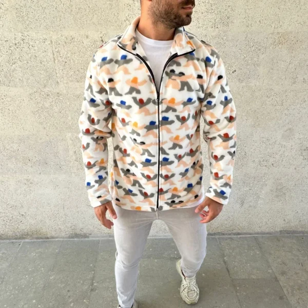 Erkek Tam Fermuarlı Desenli Polar Sweat – Siyah Multicolor Figür Desen Yakalı, Uzun Kollu, Oversize Rahat Kalıp- Beyaz