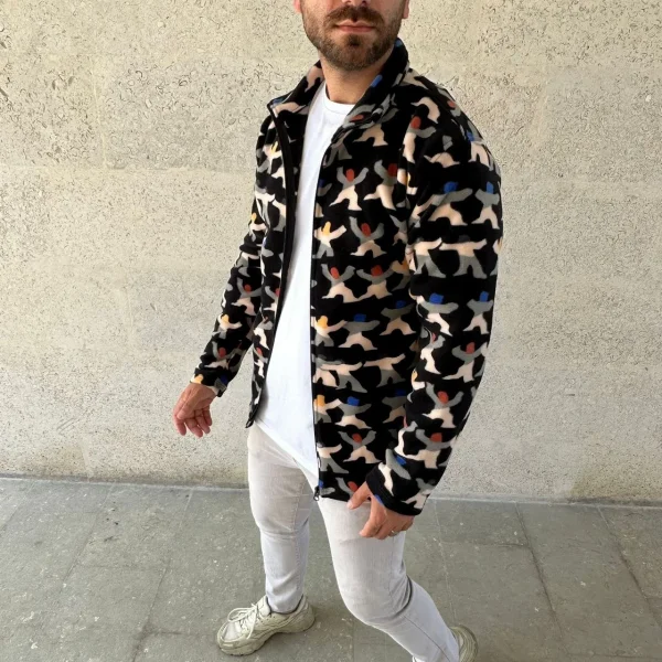Erkek Tam Fermuarlı Desenli Polar Sweat – Siyah Multicolor Figür Desen Yakalı, Uzun Kollu, Oversize Rahat Kalıp- Siyah