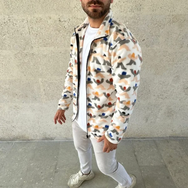 Erkek Tam Fermuarlı Desenli Polar Sweat – Siyah Multicolor Figür Desen Yakalı, Uzun Kollu, Oversize Rahat Kalıp- Beyaz