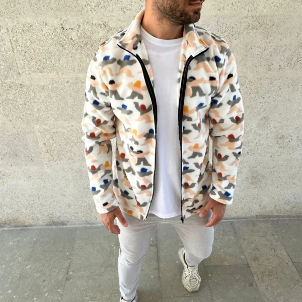 Erkek Tam Fermuarlı Desenli Polar Sweat – Siyah Multicolor Figür Desen Yakalı, Uzun Kollu, Oversize Rahat Kalıp- Beyaz
