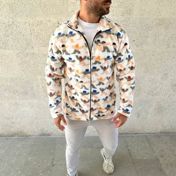 Erkek Tam Fermuarlı Desenli Polar Sweat – Siyah Multicolor Figür Desen Yakalı, Uzun Kollu, Oversize Rahat Kalıp- Beyaz