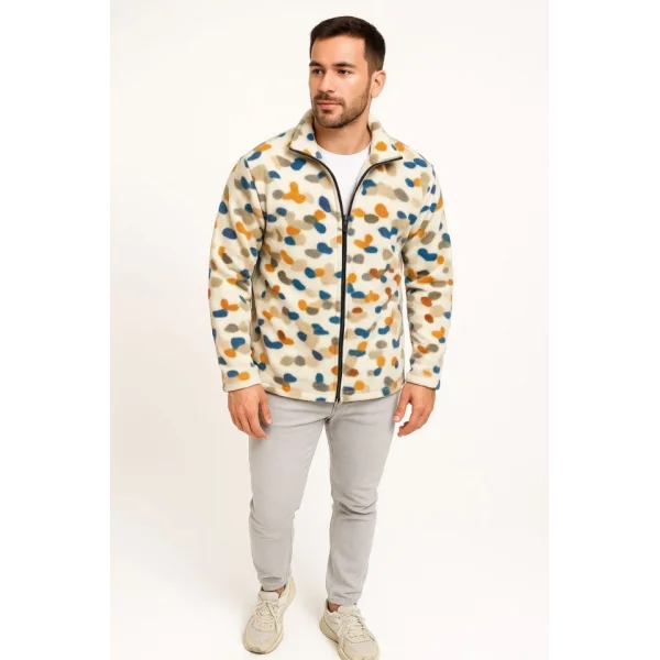 Erkek Tam Fermuarlı Desenli Polar Sweat – Siyah Multicolor Figür Desen Yakalı, Uzun Kollu, Oversize Rahat Kalıp- Beyaz