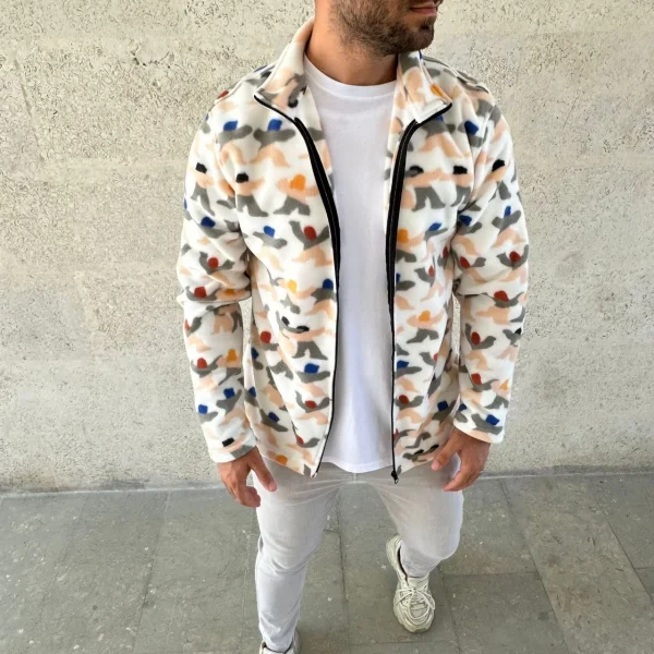 Erkek Tam Fermuarlı Desenli Polar Sweat – Siyah Multicolor Figür Desen Yakalı, Uzun Kollu, Oversize Rahat Kalıp- Beyaz