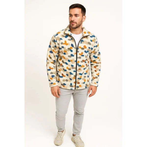 Erkek Tam Fermuarlı Desenli Polar Sweat – Siyah Multicolor Figür Desen Yakalı, Uzun Kollu, Oversize Rahat Kalıp- Beyaz