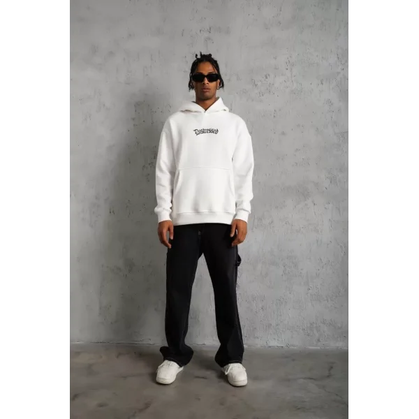 Erkek Üç İplik Baskılı Kapüşonlu Sweat - Beyaz