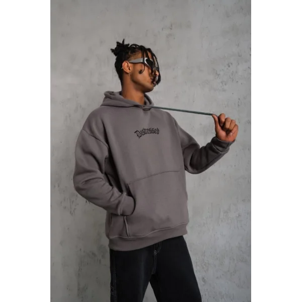 Erkek Üç İplik Baskılı Kapüşonlu Sweat - Gri