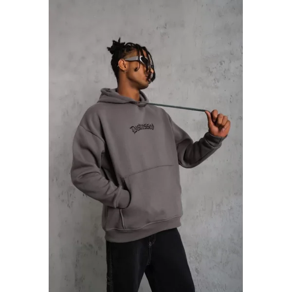 Erkek Üç İplik Baskılı Kapüşonlu Sweat - Gri