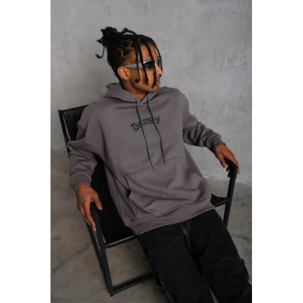 Erkek Üç İplik Baskılı Kapüşonlu Sweat - Gri