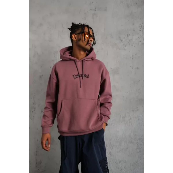 Erkek Üç İplik Baskılı Kapüşonlu Sweat - Gül Kurusu