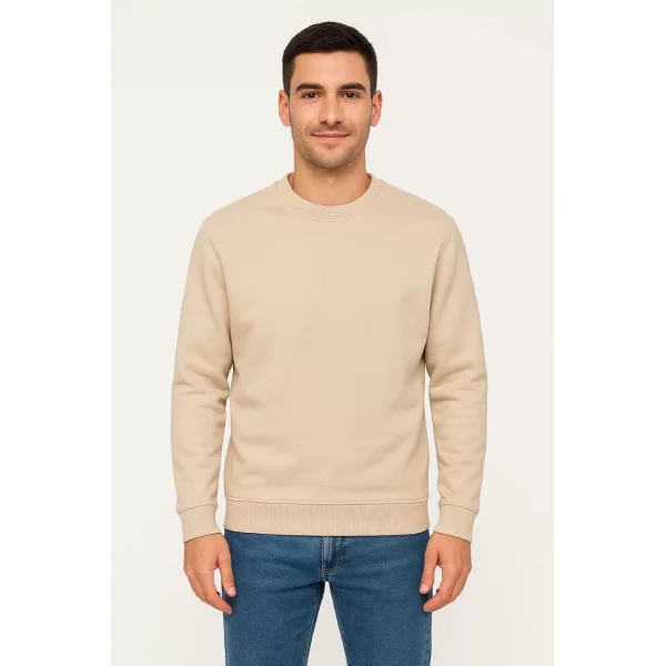 Erkek Üç İplik Düz Bisiklet Yaka SweatShirt - Bej