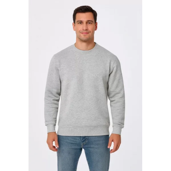 Erkek Üç İplik Düz Bisiklet Yaka SweatShirt - Gri