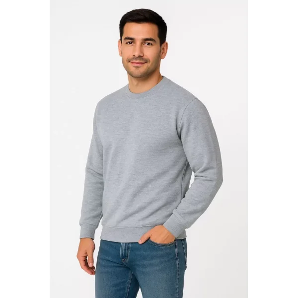 Erkek Üç İplik Düz Bisiklet Yaka SweatShirt - Gri