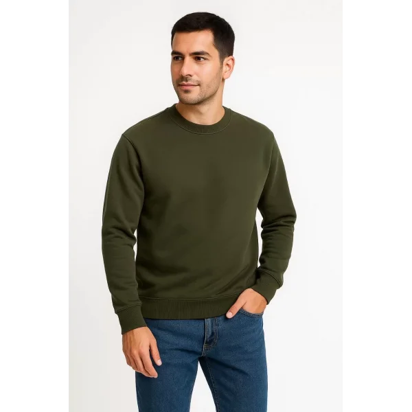 Erkek Üç İplik Düz Bisiklet Yaka SweatShirt - Haki