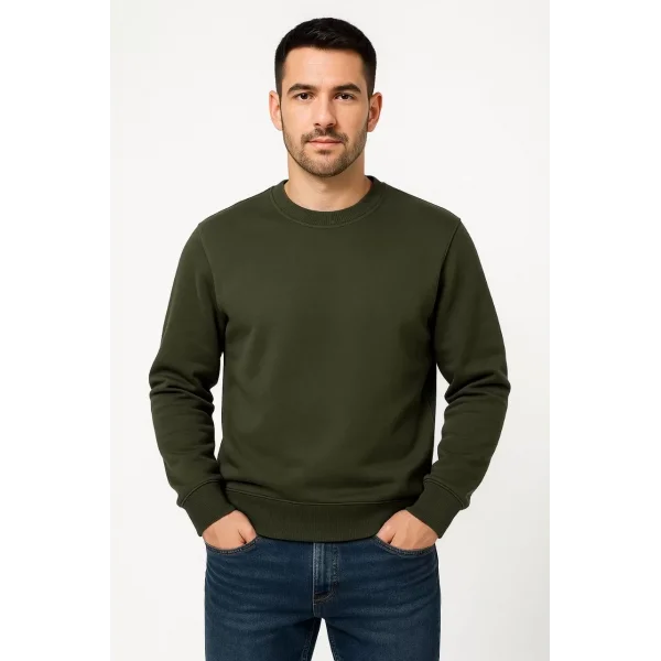 Erkek Üç İplik Düz Bisiklet Yaka SweatShirt - Haki